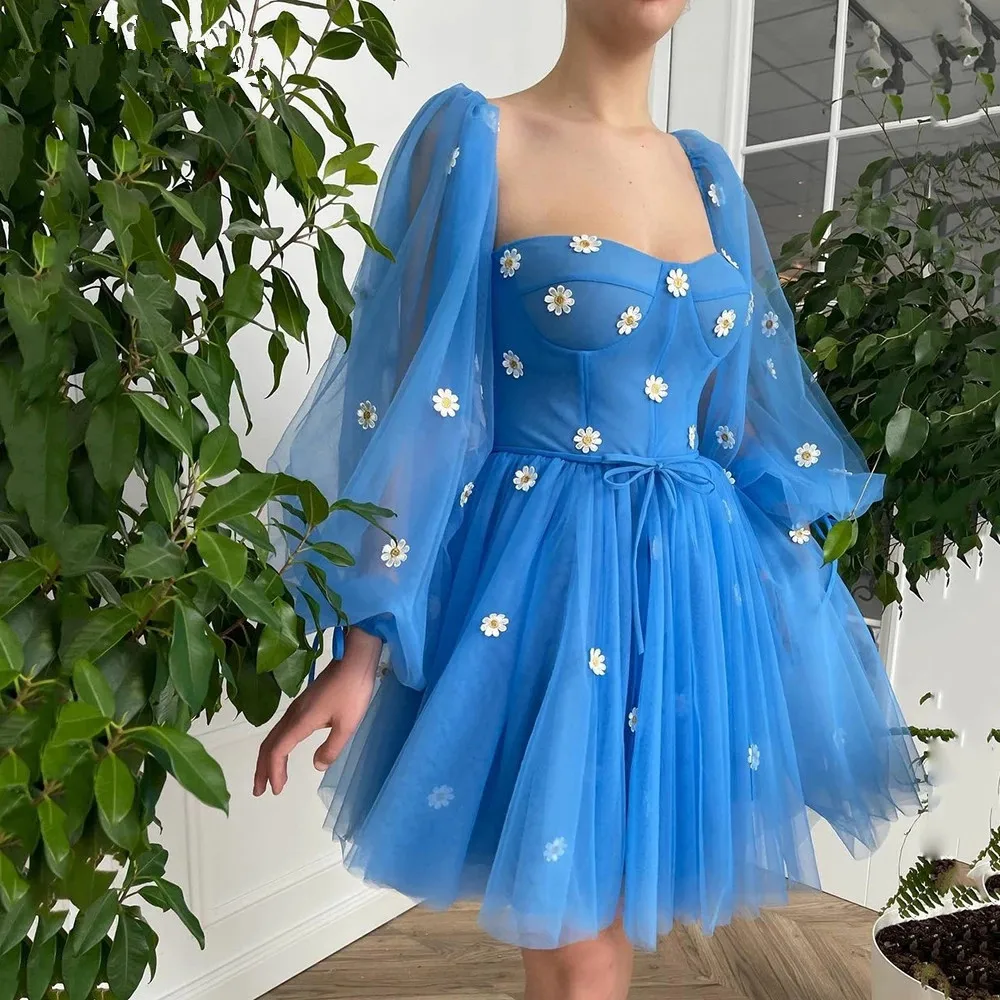 

Puff Sleeves Homecoming Tulle Pastoral Prom Dress Princess Party Dresses Mini Knee Length Sweetheart Backless Evening Gown