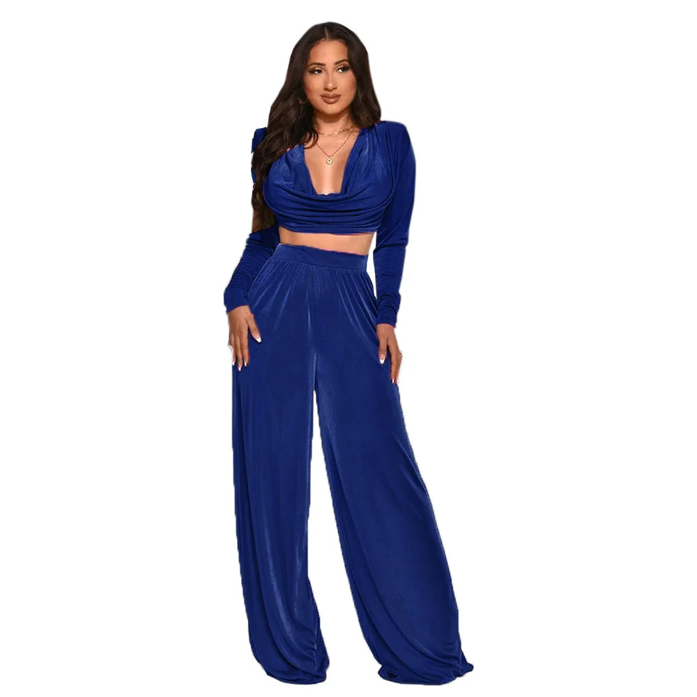 

Women's Autumn Winter Korean Velvet Nightclub Backless Strap Pleated Deep V-neck Long Sleeve Shirt Wide Leg Pants Two-piece Set