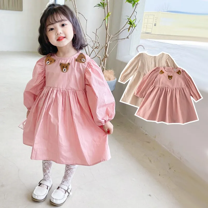 Children Dress Fore Girls Clothes Cartoon Bear Embroidery Baby Princess Dresses Long Sleeve Kids Clothing Cotton 2022 Spring