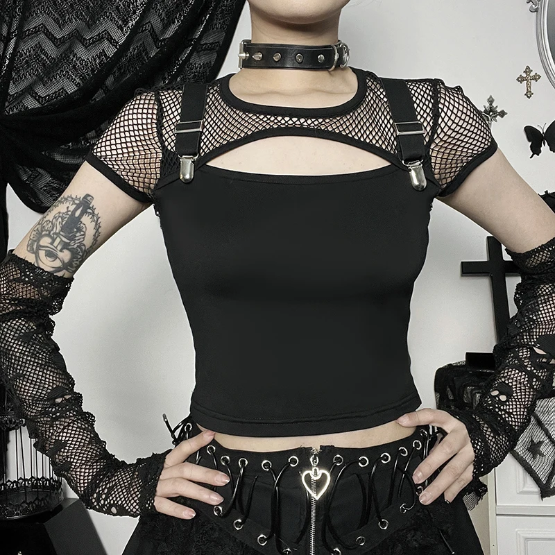 

2023 New Fashion Individualized Trend Dark Trendsetter Slim Fit Versatile Mesh Panel Short Sleeve Lace Sexy Top for Women