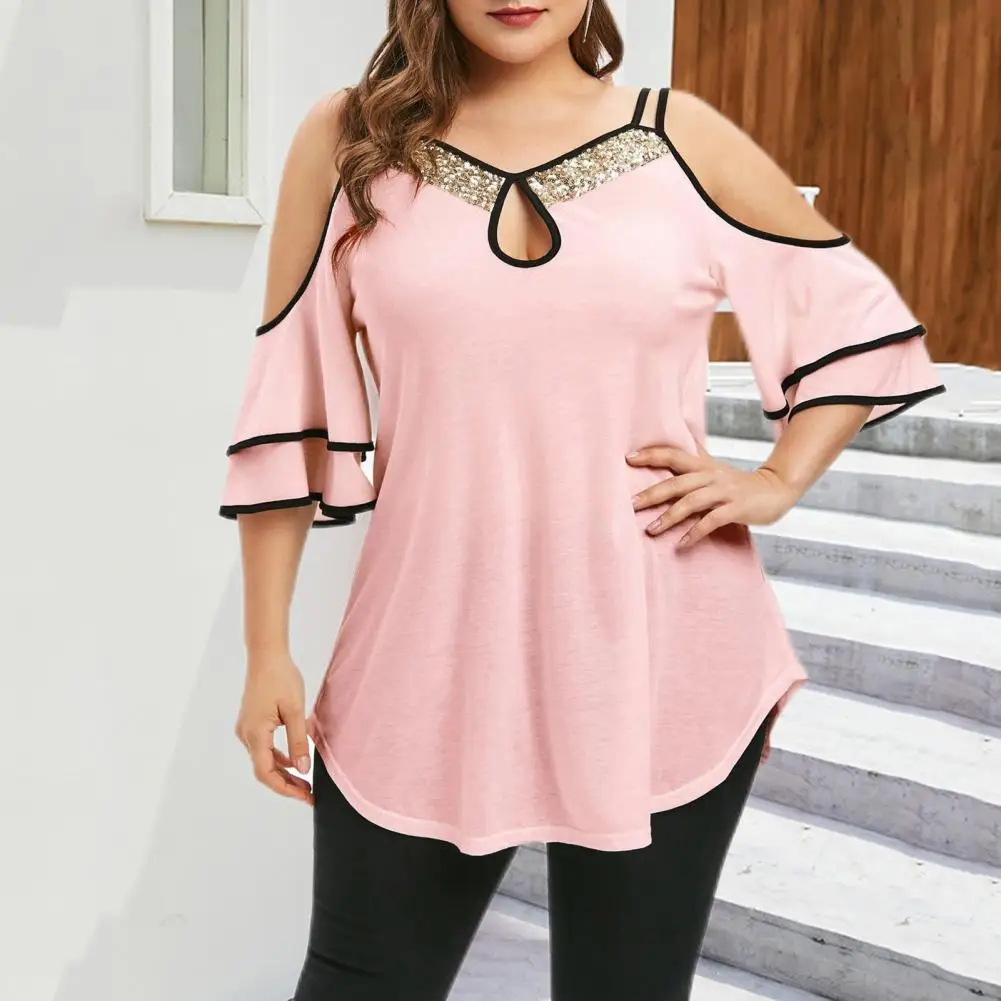 

Summer Women T-shirts Sequins Neck Short Sleeve Loose Plus Size Off Shoulder Casual Top Irregular Hem Blouse Female Streetwear