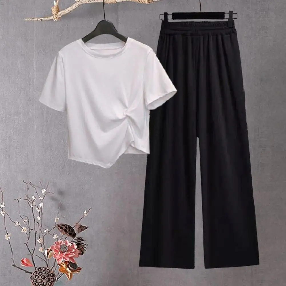 

2Pcs/Set Women T-shirt Pants Set Casual Knot Decor Irregular Hem Sportwear Wide Leg Young Style Lady Tracksuit Female Clothes