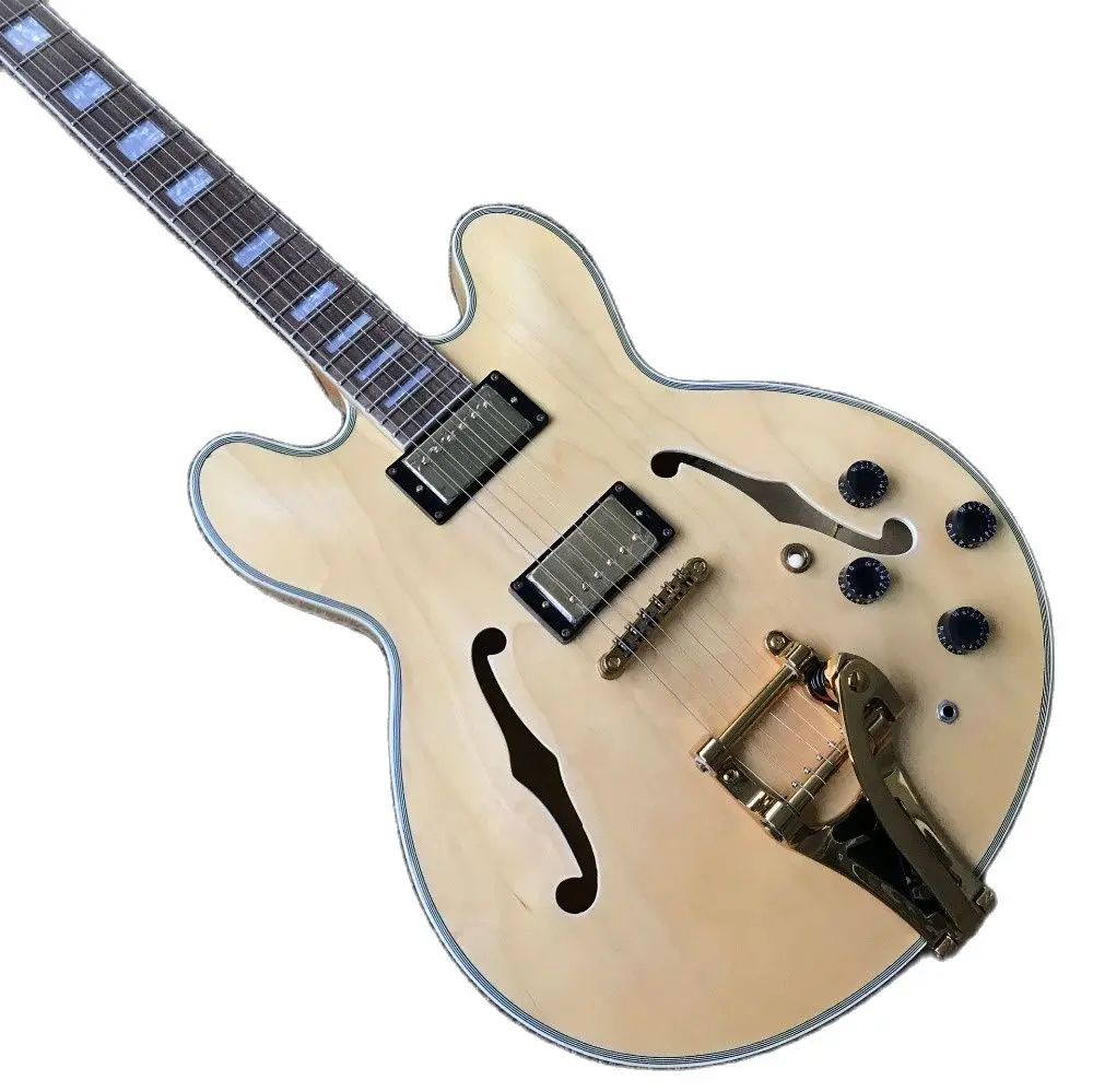 

New style F hollow body Jazz electric guitar,Natural wood color Jazz gitaar,Rosewood fingerboard guitarra,vibrato system