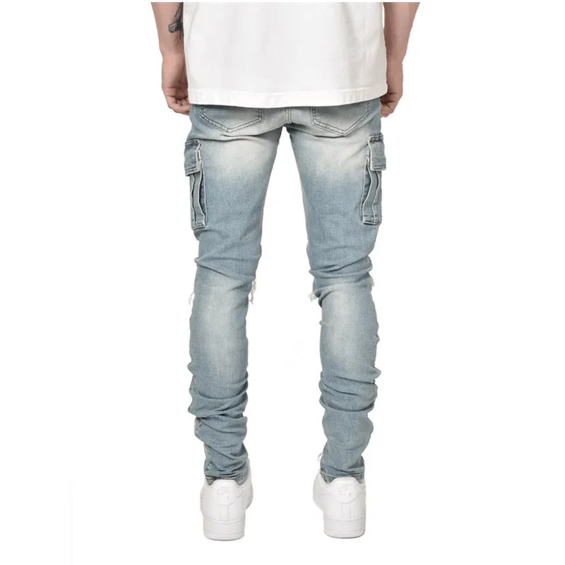 2022 New Men's Slim Jeans Hipster Multi-pocket Knee Holes Pencil Pants Streetwear Men Full Length Denim Jeans Trousers