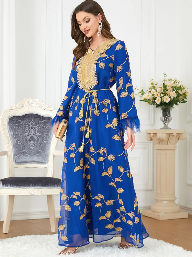 Ramadan Abaya Appliques Lace Tape V-Neck Islamic Dresses Guipure Lace Insert Belted Kaftan Feathers Sleeves Gorgeous Party Style