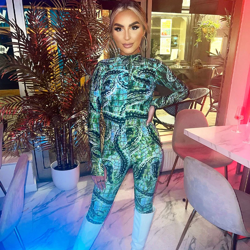 

Женский Облегающий комбинезон, клубный спортивный комбинезон с длинным рукавом, круглым вырезом и принтом в виде краски, Y2K, осень