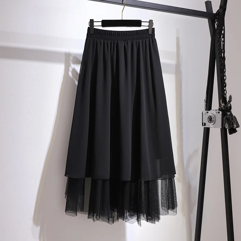 

2023 New Spring Autumn Slim Gauze Denim Skirts Large Size Women Clothes Elegant Mesh Stitching Irregular A-line Black Skirt AC54