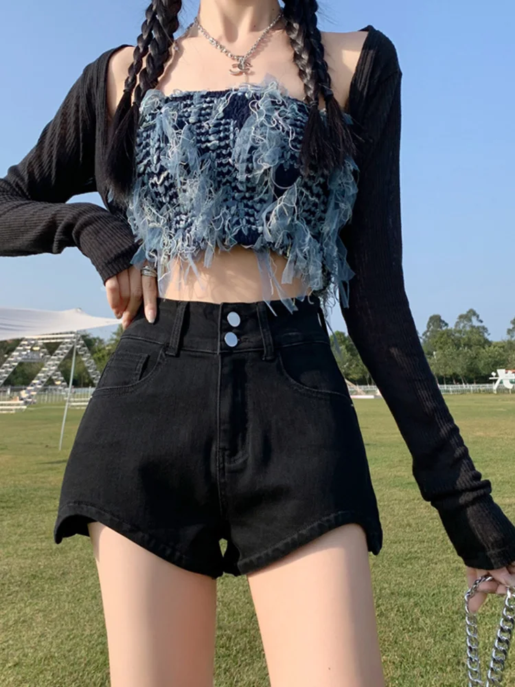 

Double Button Babes A-line Straight Denim Shorts Women's Summer High Waist Irregular Wide Leg Pants