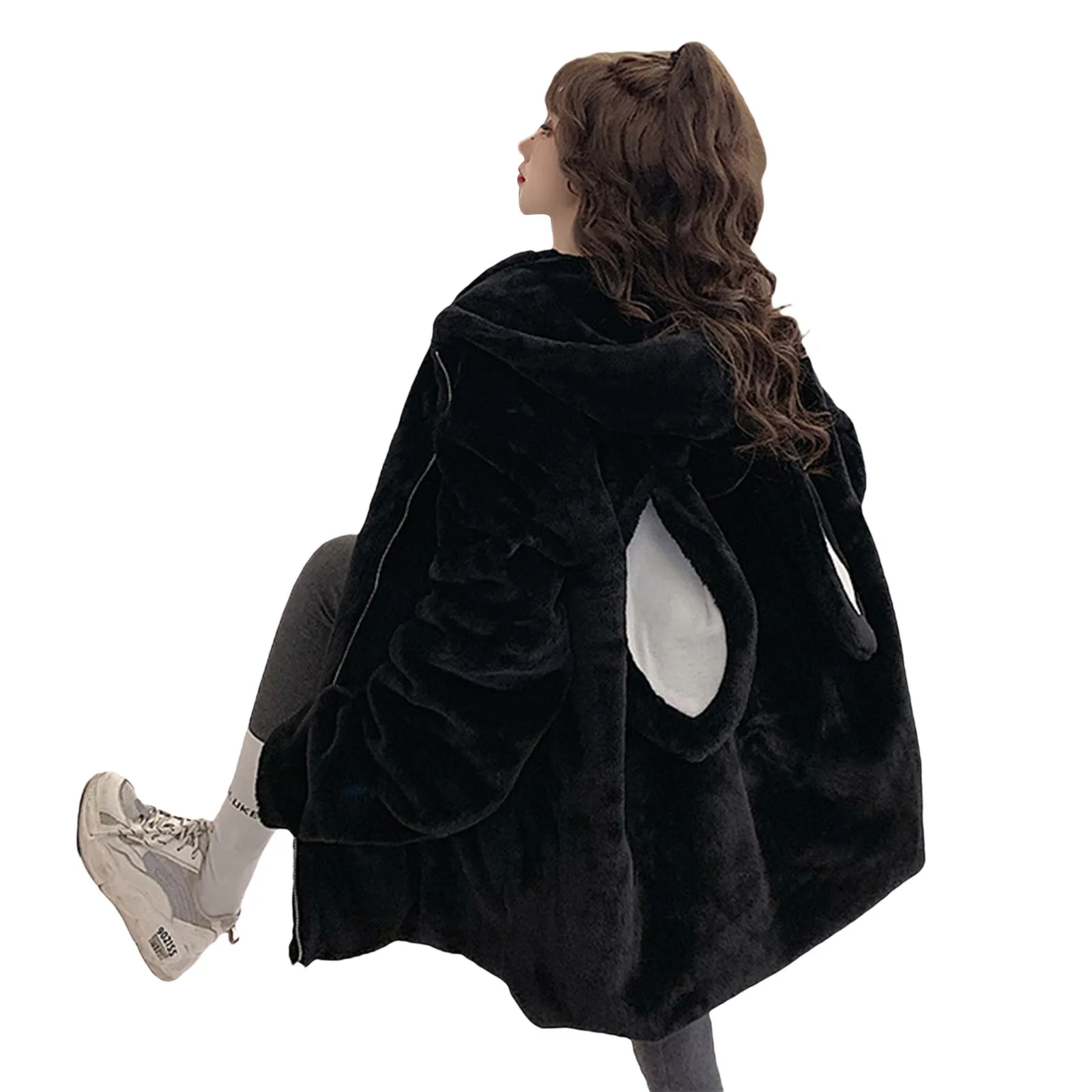 2022 Winter Kawaii Cute Girl Sweet Japan  Clothing Korean Style  Long Thick Wool Rabbit Ear Top Women's Loose Cashmere Coat