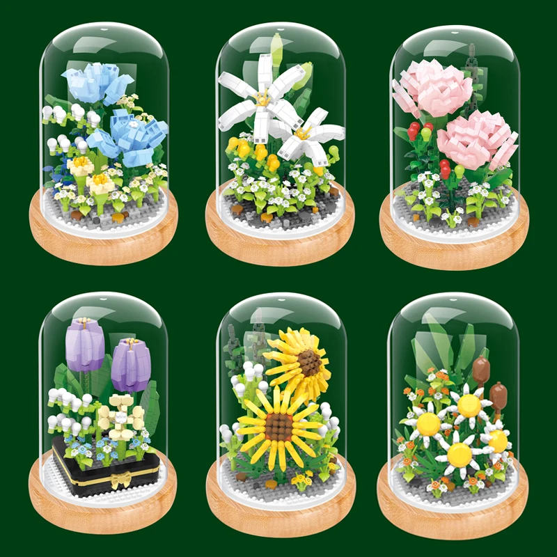 

Creative Carnation Tulips Sunflower Plant Potted Building Block Home Decoration DIY 3D Immortal Rose Assembly Bricks Girls Gifts