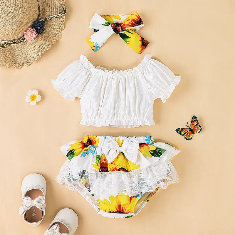 

Infant Casual Outfits Baby Girl Clothes Toddler Solid Lantern Sleeve Top + Floral Ruffle Shorts 2pcs Set Children Clothing Sets