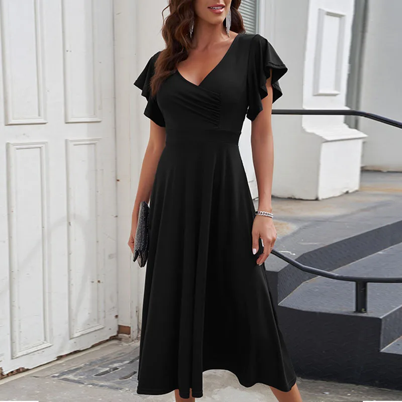 

Best-Selling Women's Solid Color Flounced Skirt Spring and Summer 2023 New Low V-neck Waist-Controlled Slimming Sexy Dress
