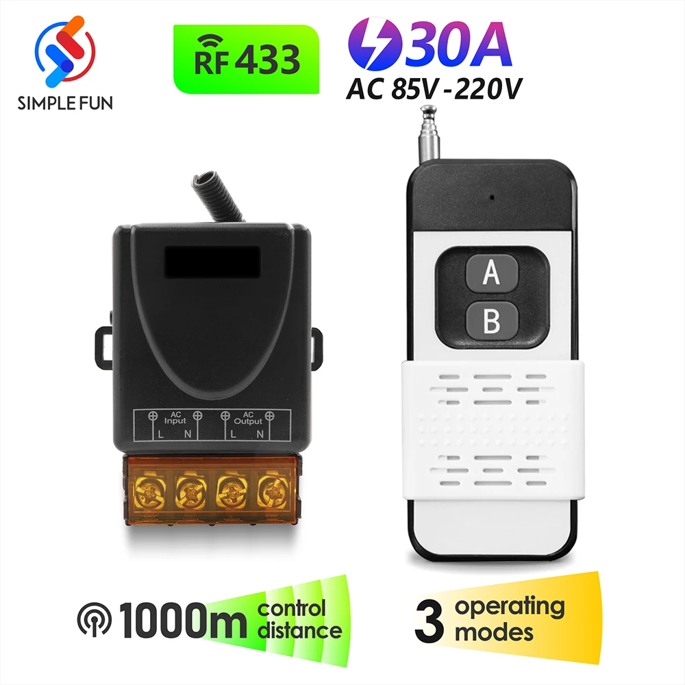 

433MHz Wireless Remote Control 1000m Range AC 110V 220V 30A RF Relay Receiver and Transmitter for Lamp Electric Appliance ON/Off
