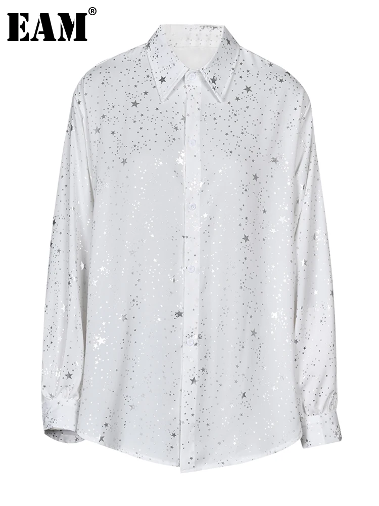 

[EAM] Women White Pattern Chiffin Big Size Blouse New Lapel Long Sleeve Loose Fit Shirt Fashion Tide Spring Autumn 2023 1DF8571