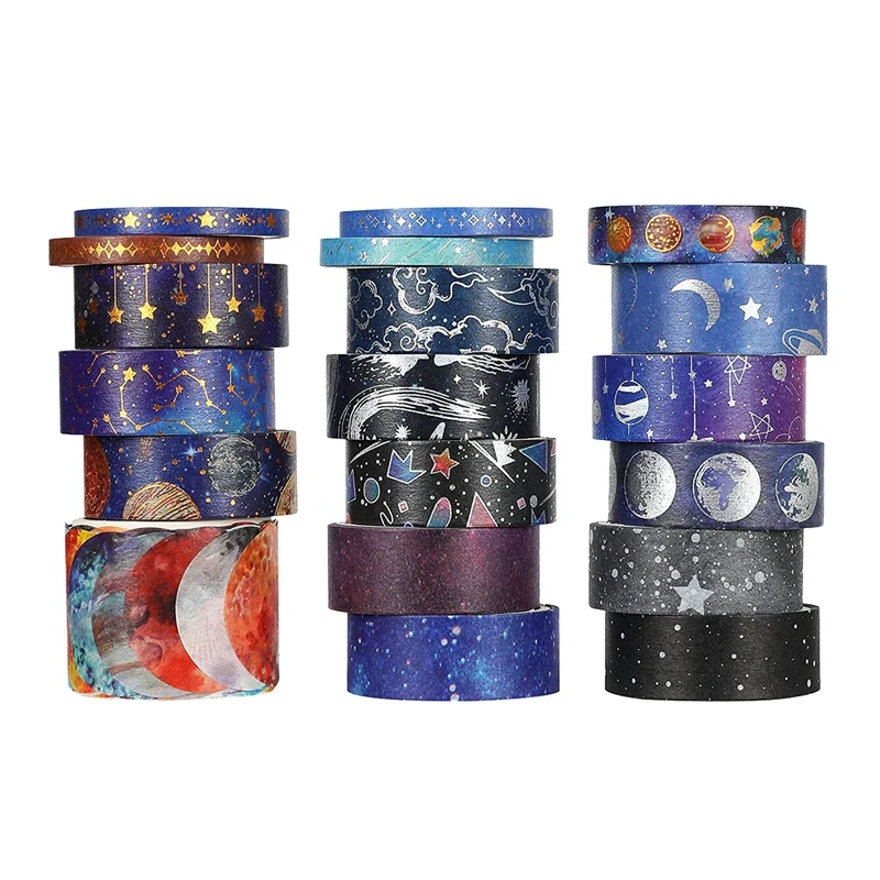 

Blue Space Washi Tape Set 19 Rolls Gold Foil Galaxy Decorative Masking Tape Fantasy Planet Universe DIY Decorative Stickers
