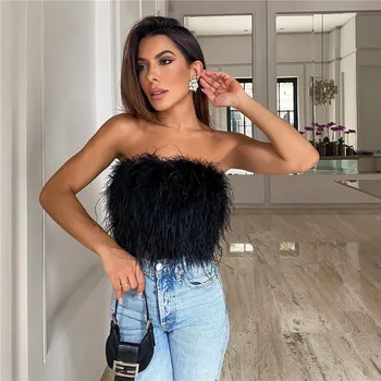 Women Artificial Fur Feather Crop Top Vest Sleeveless Solid Color Strapless Fluffy Backless Slim Fit Tube Tops Streetwear Y2K