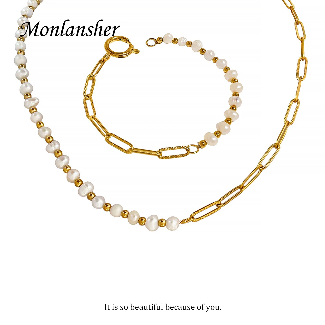 

Monlansher Half Gold Paper Clip Chain Half Beaded Freshwater Pearl Choker Necklce Bracelet Set for Women Stainless Steel Jewelry