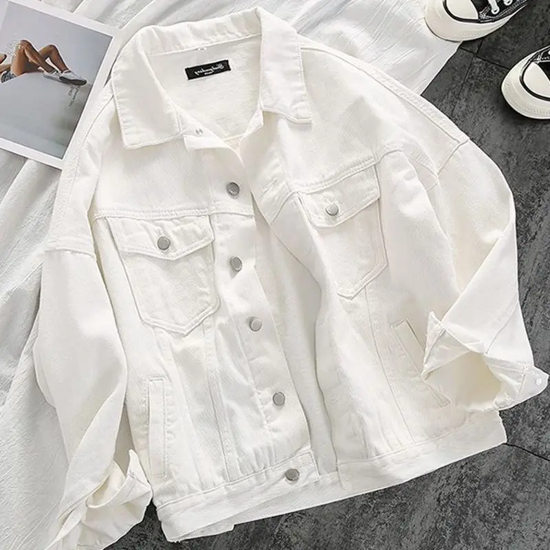 

Korean Loose Long Sleeve Versatile Coat Top White Denim Jacket Women's 2023 Spring Autumn New Fashion Single Breasted Jackets