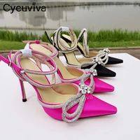 sexy pink silk crystal high heels shoes woman rhinestone bowknot women pumps pointy toe dress party bride shoes for women