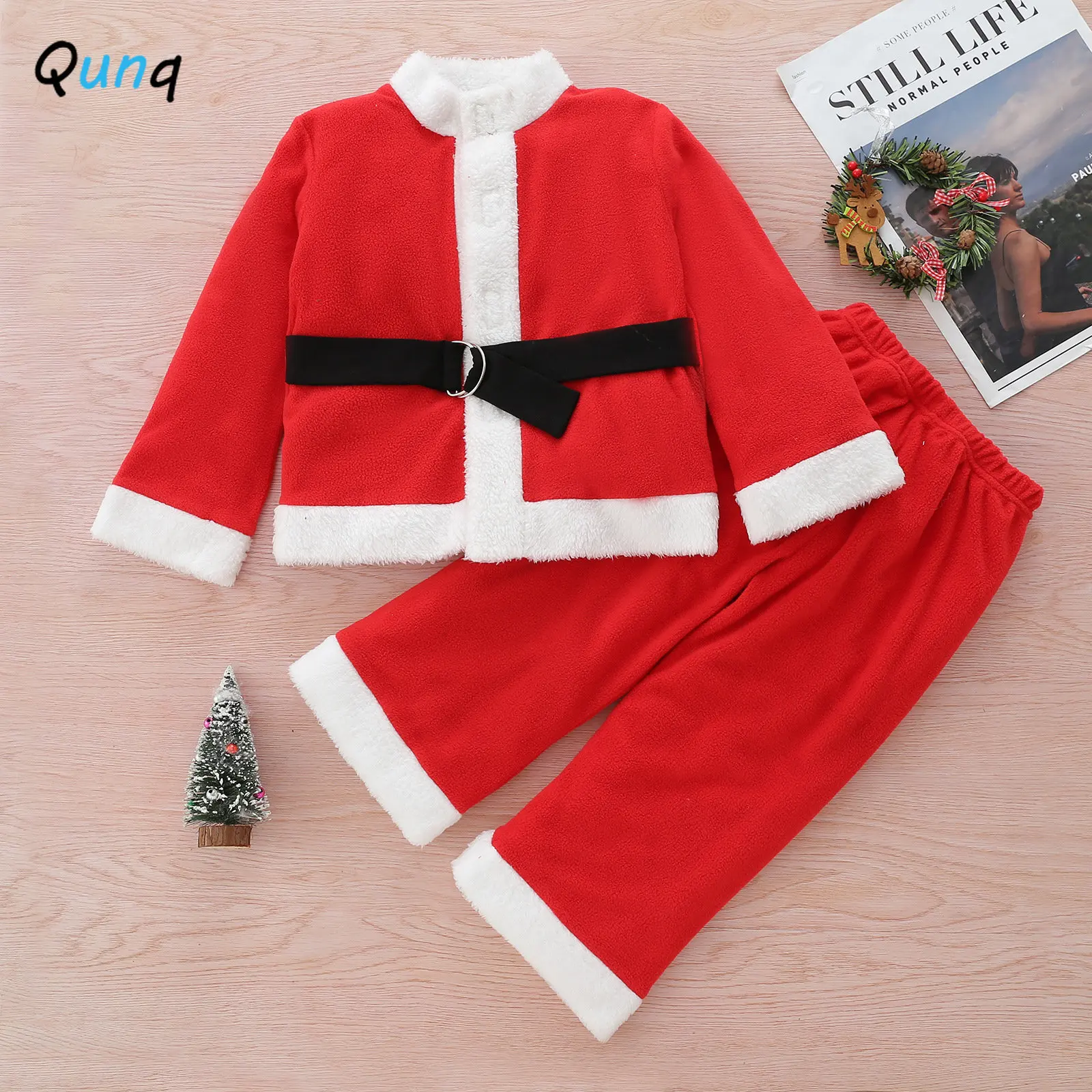 

Qunq Children's Christmas Suit Spliced Single-breasted Long Sleeve Top + Pants 2 Pieces Set Lovely Santa Claus Costume Age 3T-8T