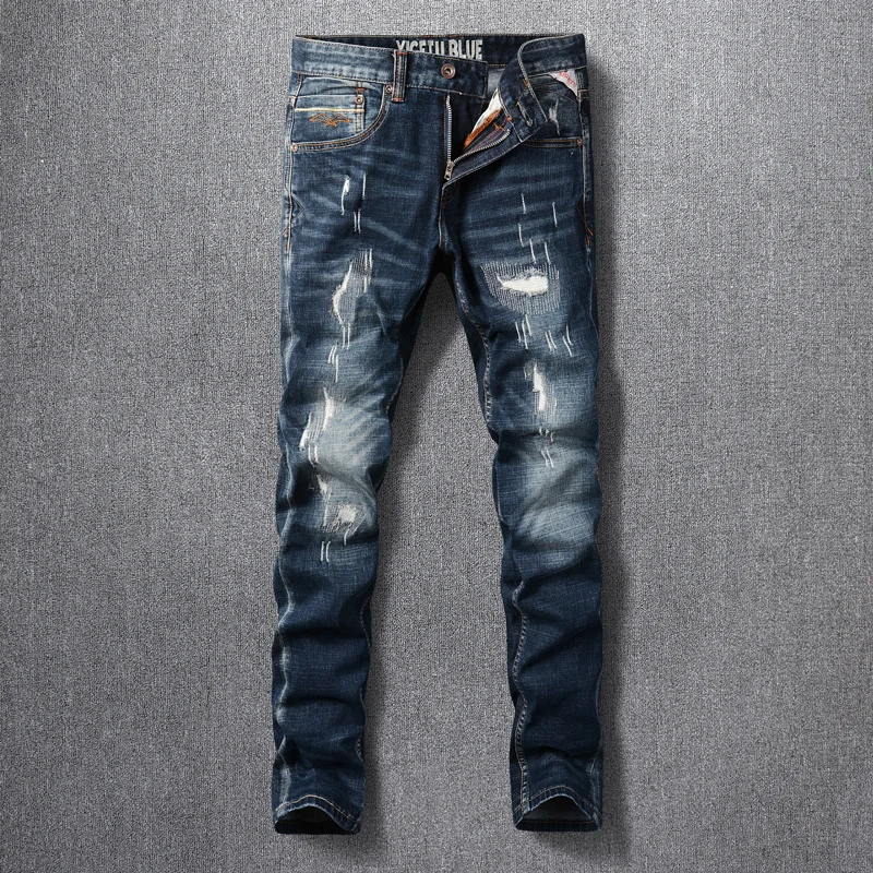 Newly Designer Fashion Men Jeans High Quality Retro Black Blue Elastic Slim Fit Hole Ripped Jeans Men Vintage Denim Pants Hombre