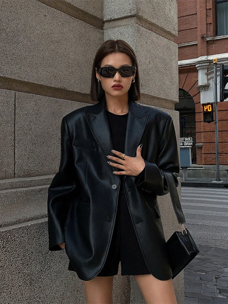 Black PU Suit Leather Coat Women's Spring and Autumn New Straight Tube Casual Relaxed High Grade Cardigan Jacket Top Fashion