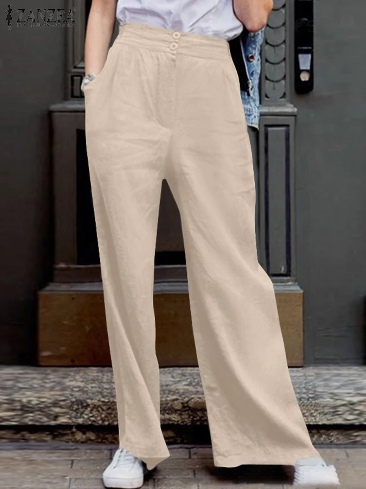 

Брюки ZANZEA Женские Длинные повседневные с широкими штанинами, офисные хлопковые однотонные свободные рабочие Брюки с карманами, весна-лето ...