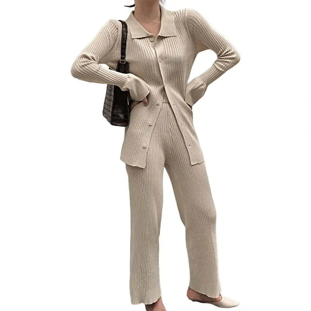 

2 Pcs/Set Sweater Coat Pants Set Slim Fit Long Sleeves Turn-down Collar Elastic Warm Casual Flared Sleeves Sweater Trousers Suit