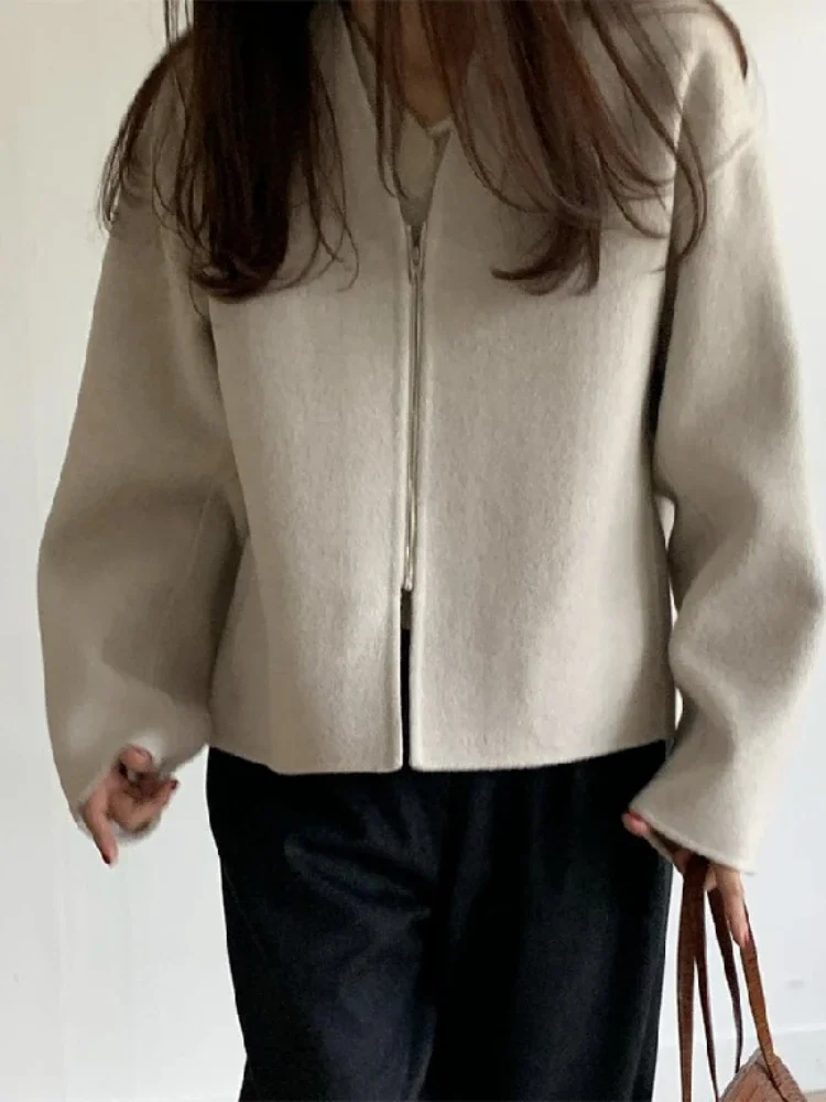 

RosEvans Double-sided Cashmere Coat Women Autumn Winter New Fashion Beige Unbuttoned Women Coat Korean Loose V Collar Wool Coat