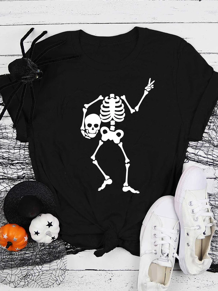 

Женская футболка с круглым вырезом, коротким рукавом и принтом скелета