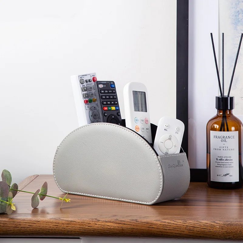 

Desktop Pu Leather Organizer Remote Control Phone And Tv Holder Desk Storage Box Cosmetics Brush Storage Holder Organizations
