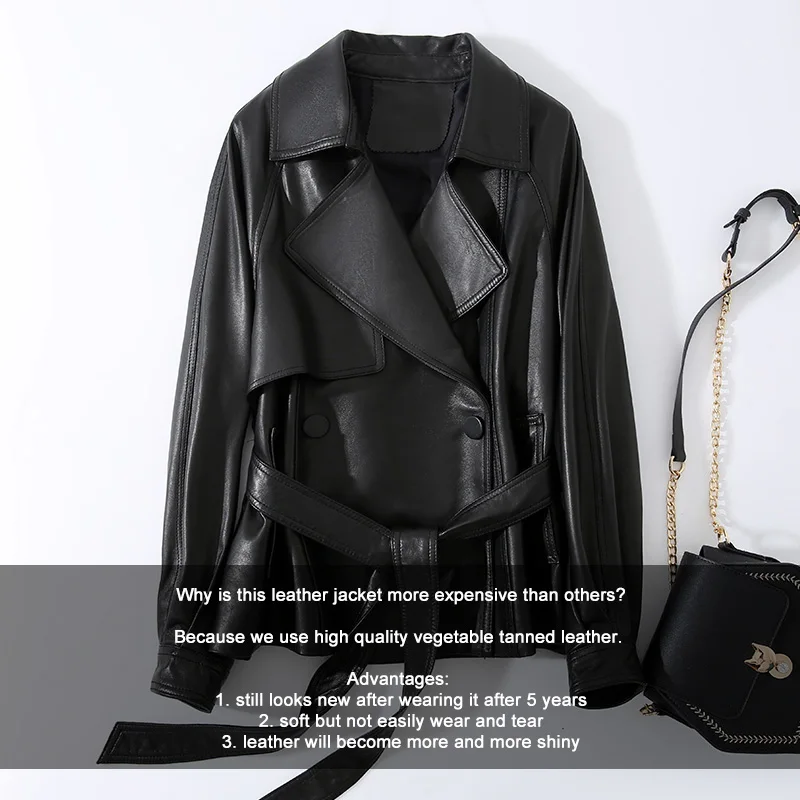 Lady Leather Jacket Genuine Sheepskin Belt Motorcycle Biker Vegetable Tanned Leather Coats Solid 2022 Fashion CL4013