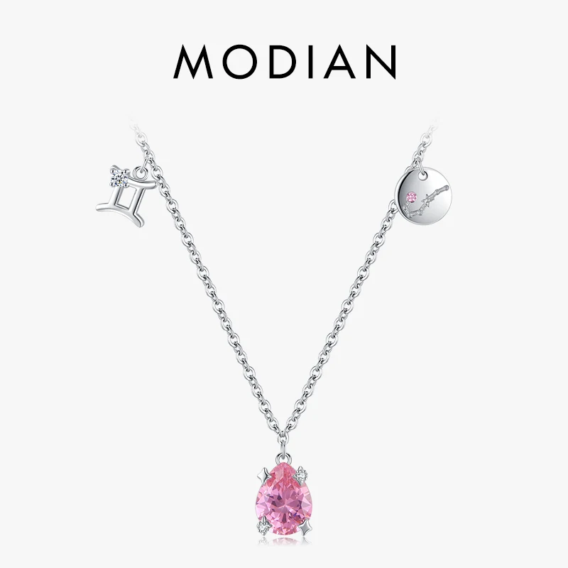 

Цепочка Modian из настоящего серебра 925 пробы с созвездиями и близнецами, ожерелье, модная подвеска с розовым цирконием, ювелирные изделия для ...
