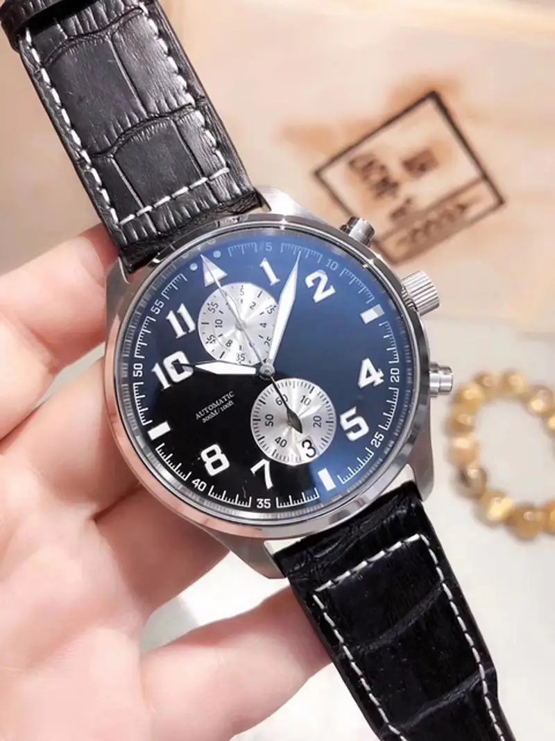 

43mm Male Wristwatch men quartz chronograph watch black leather Strap Sapphire Crystal Waterproof