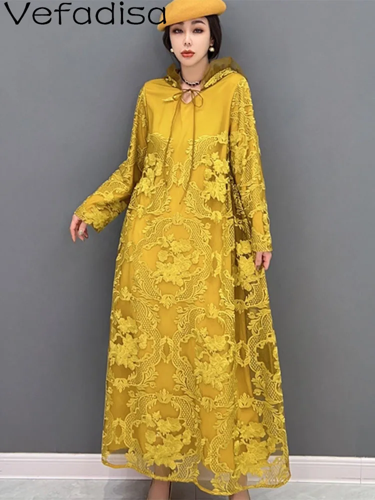 efadisa V2023 Spring Autumn Hooded Pullover Dress Loose Mid-length Embroidery Mesh Splicing Printing Dress Yellow Women LHX3267
