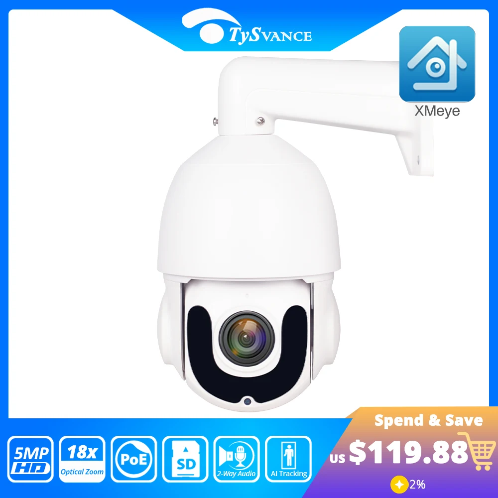 

30X Motorized Zoom 5MP PTZ POE Dome IP Camera Auto Tracking Human Detection Two Way Audio 120m IR Outdoor SD Card Slot XMEye