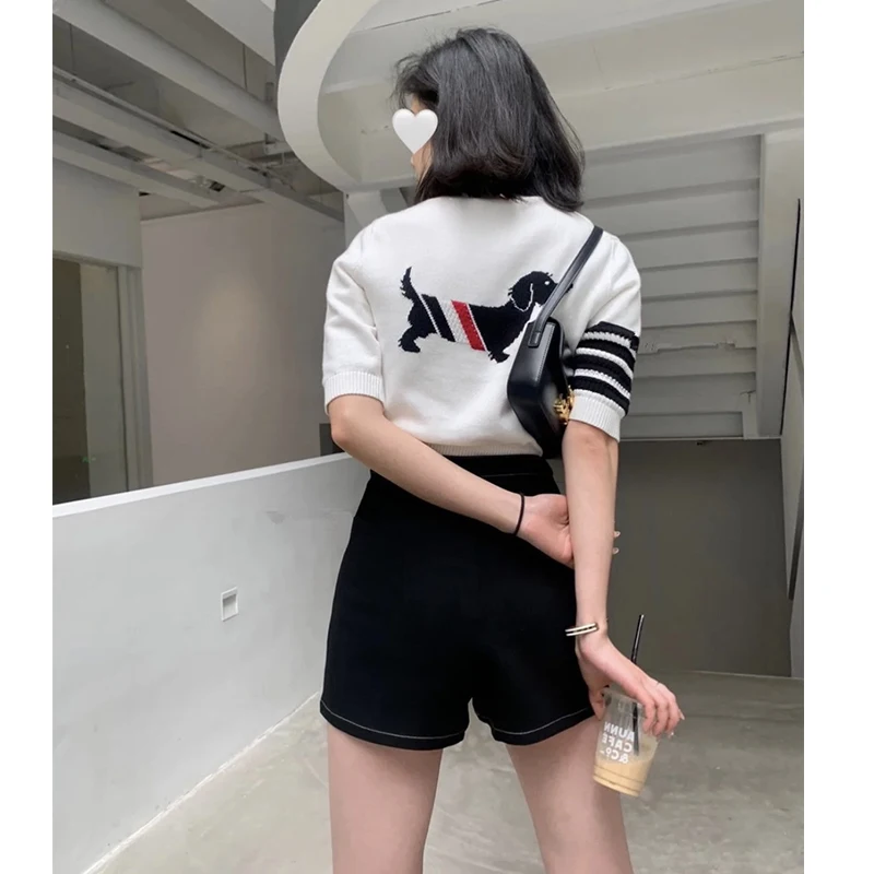 

tb knitted sweater female puppy jacquard lapel T-shirt polo collar pullover thin summer short-sleeved top ins