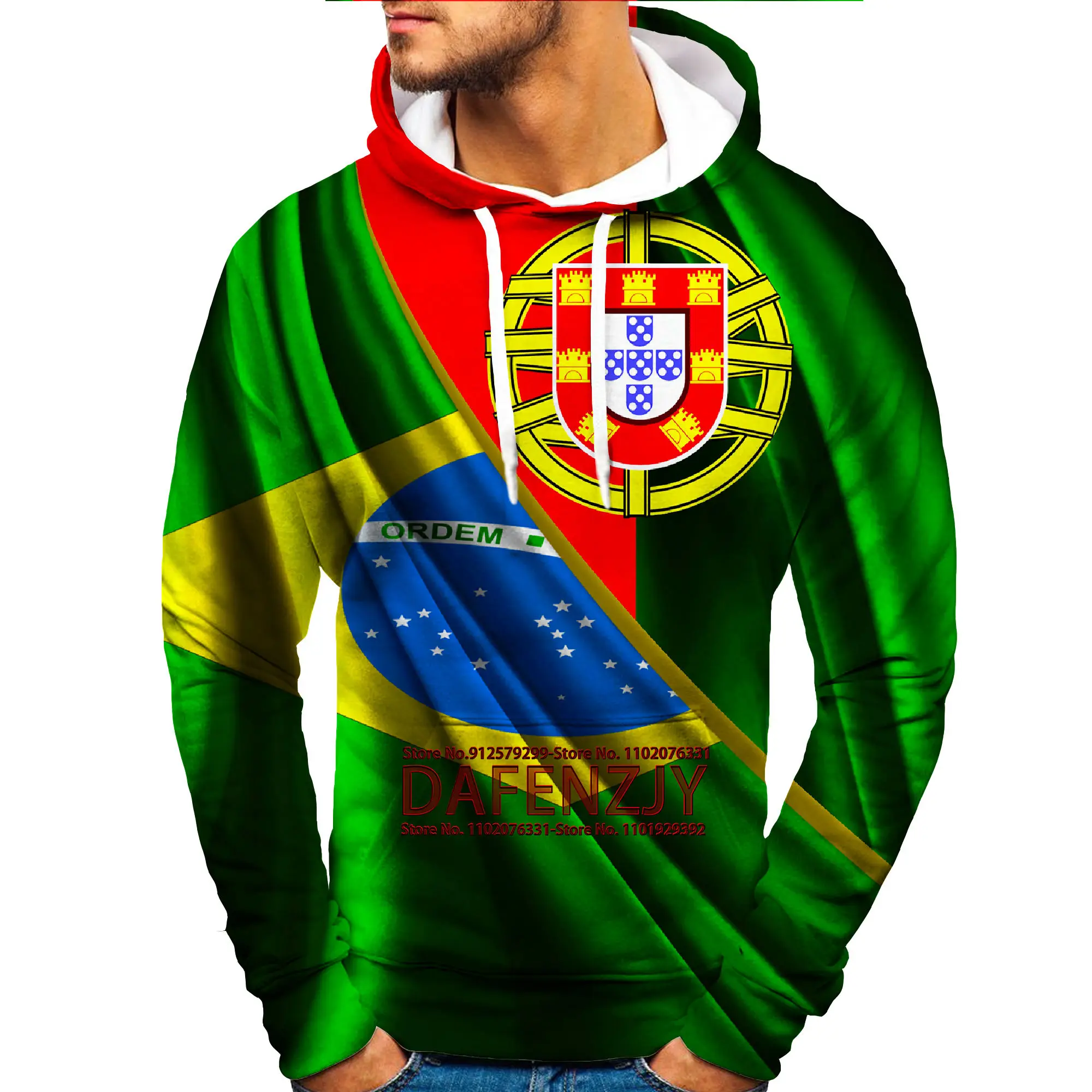 Brazil/Portugal Flag Printed Men's Hoodie Loose Sweatshirt Spring Autumn Harajuku Long Sleeve Pullover