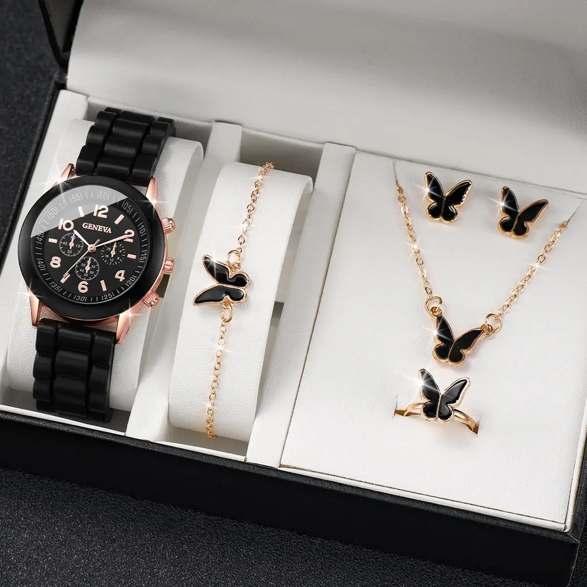 Силиконовые женские часы повседневные круглые кварцевые с набором аксессуаров