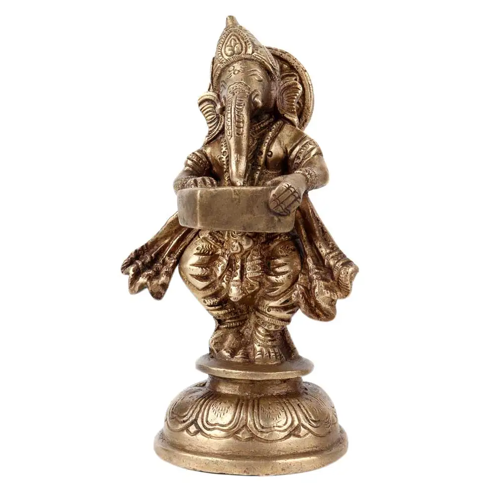 

Handmade Golden Brass Standing Lord Ganesha Playing Musical Instrument Harmonium Statue Statement Pieces Decor Gift Items