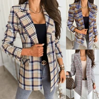 vintage plaid blazer 2021 women spring autumn long sleeve color matching double breasted suit jacket chic slim blazers tops xxl