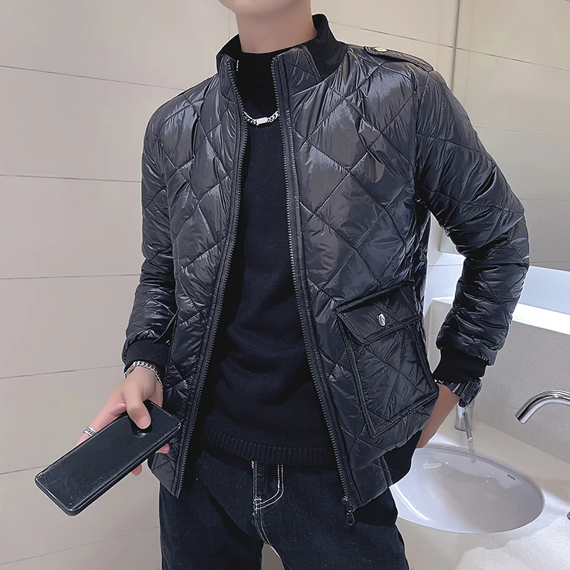 Autumn Winter Argyle Parka Coat Men Fashion Casual Jacket Stand Collar Thick Warm Windbreaker Outwear Parkas Casual Streetwear