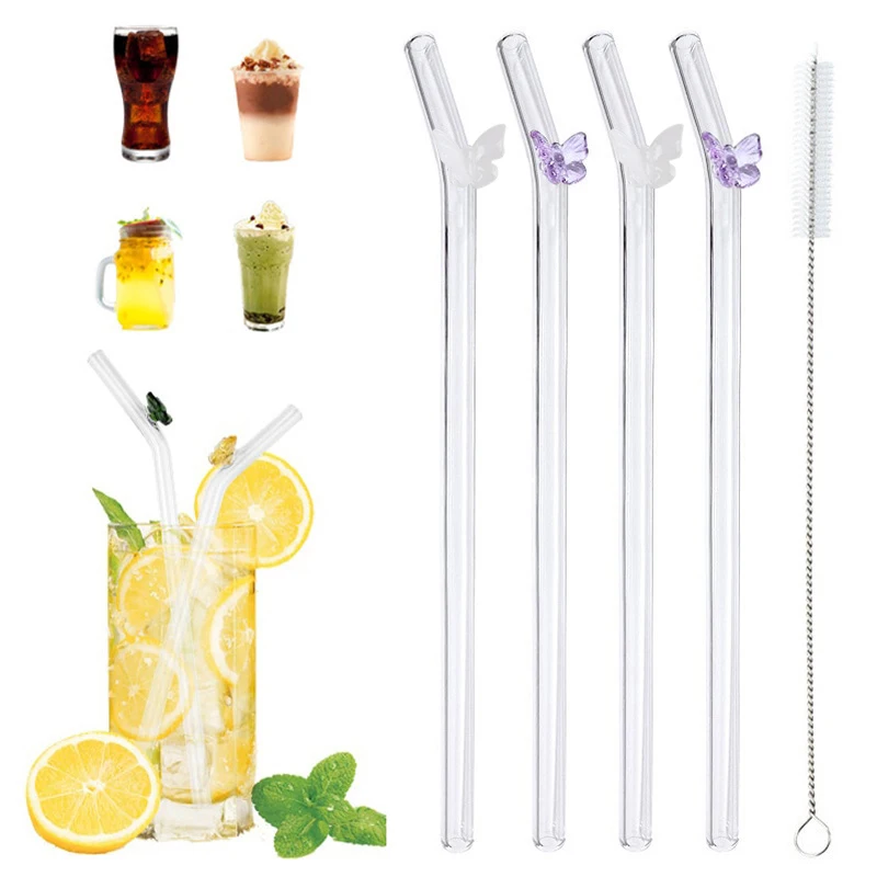 

Butterfly Glass Straws Set Reusable Bar Tools for Smoothies Cocktails Tea Coffee Juicy Drinking Eco Friendly Drinkware