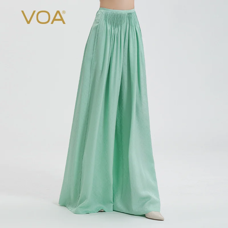 

VOA Jacquard Mulberry Silk Turquoise Natural Waist Accordion Pleated Fashion All-match Loose Long Silk Wide-leg Pants KE756