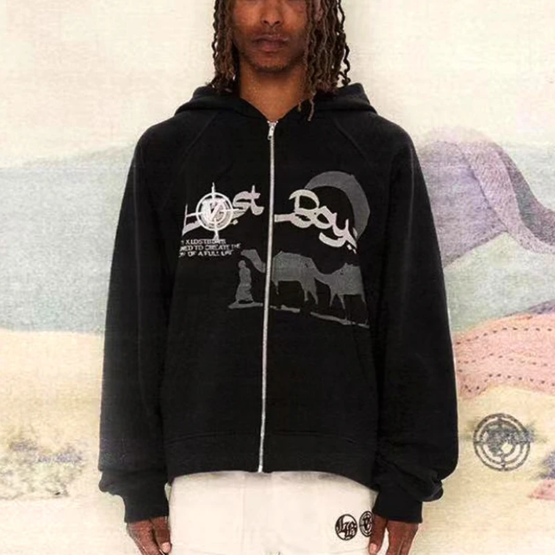 

Hoodie Men Streetwear Long Sleeve Anime Desert Camel Print Zip Up Hoodies Y2k Goth Fashion Sweatshirts Jackets Harajuku Clothing