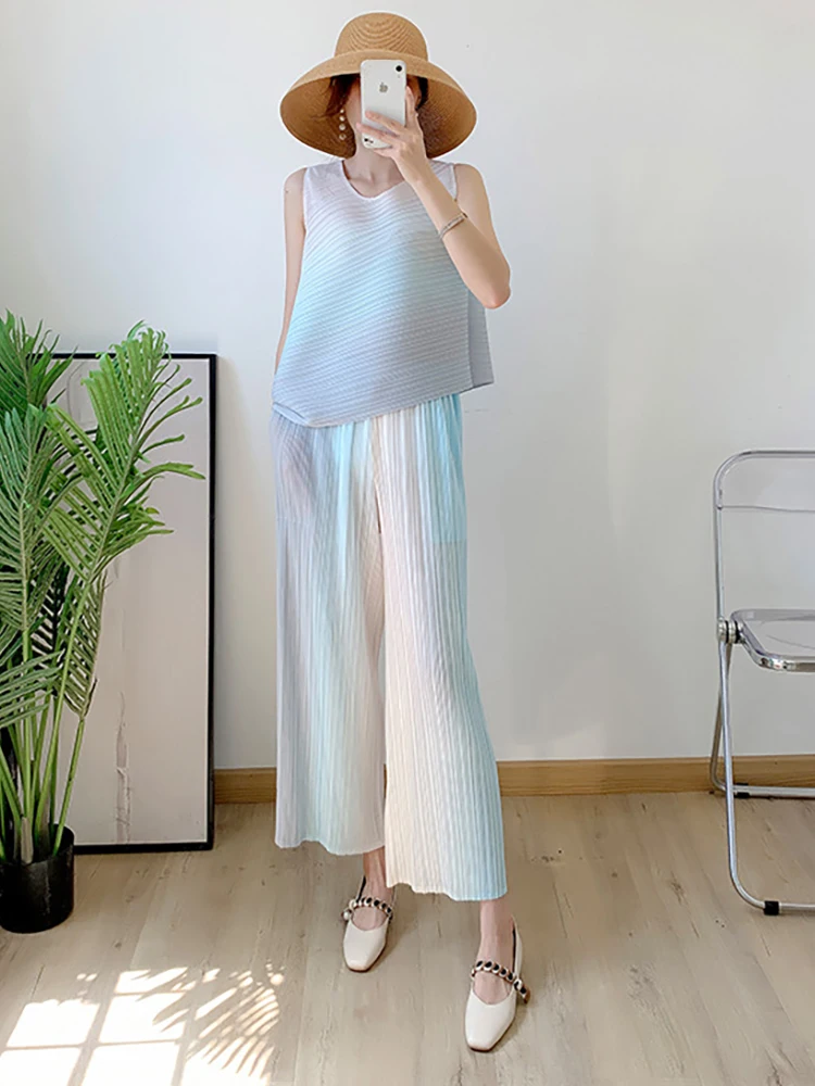 Delocah High Quality Summer Women Fashion Runway Pants Set Sleeveless Asymmetrical Tank Tops + Draped Gradient Long Pants Suits