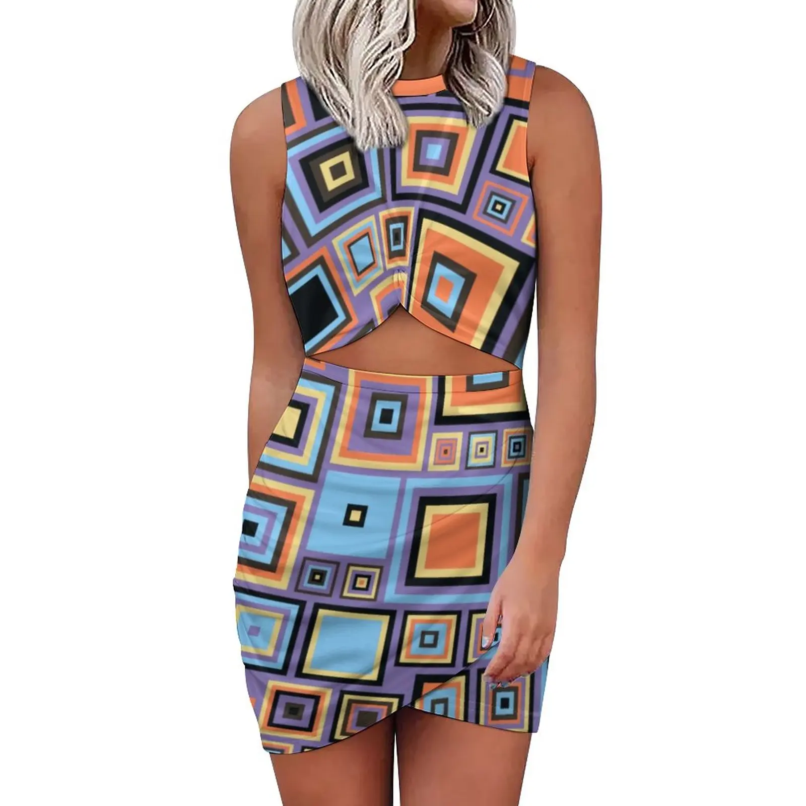 

Женское винтажное платье без рукавов, разноцветное облегающее платье в стиле ретро 60-х, с геометрическим принтом, вечернее платье большого ...
