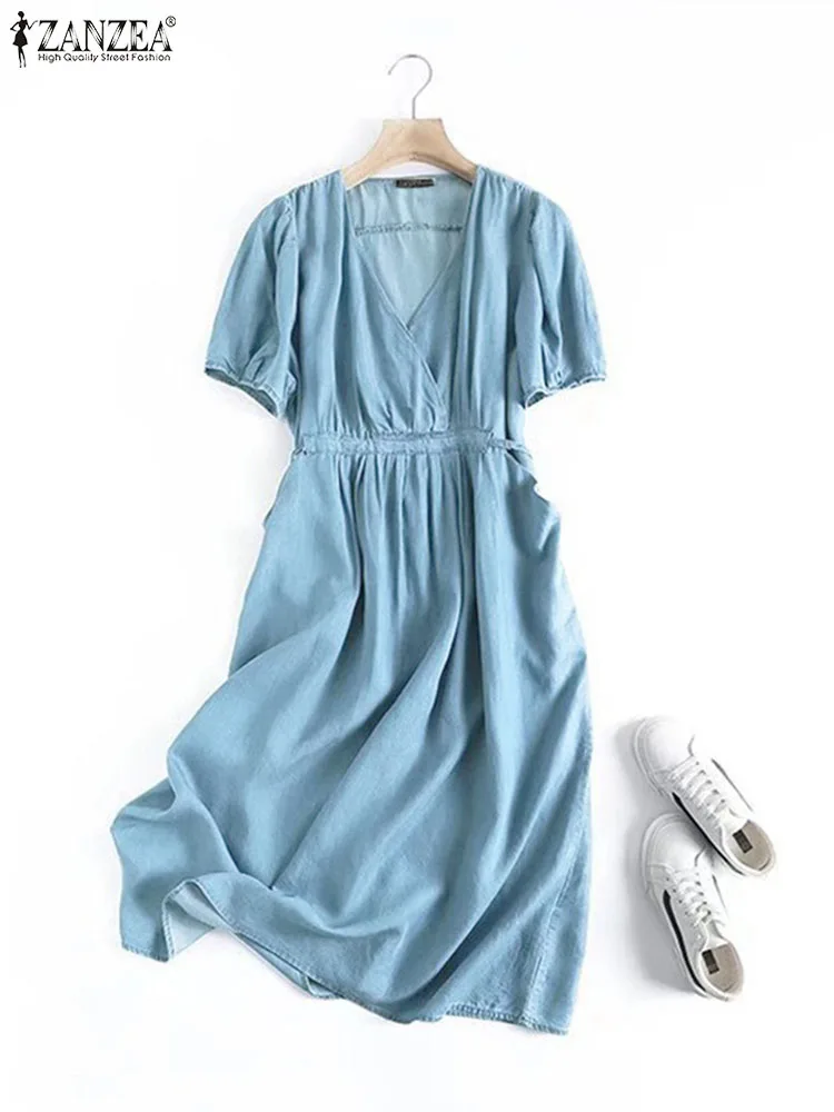 

Платье ZANZEA модное джинсовое однотонное длинное, праздничный сарафан средней длины с завязкой на талии, повседневное свободное платье оверсайз с V-образным вырезом и коротким рукавом