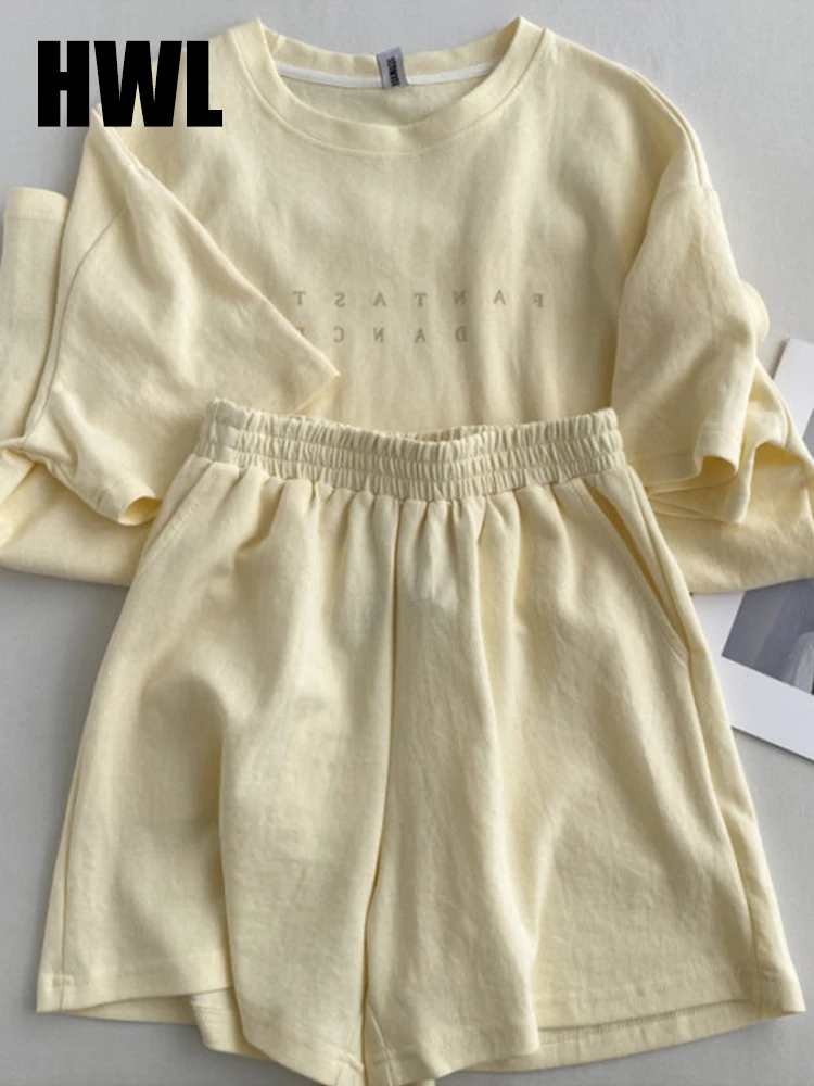 

O-Neck letter short-sleeved T-shirt suit women's summer T Shirt+Shorts loose casual wide-leg sports shorts two-piece set