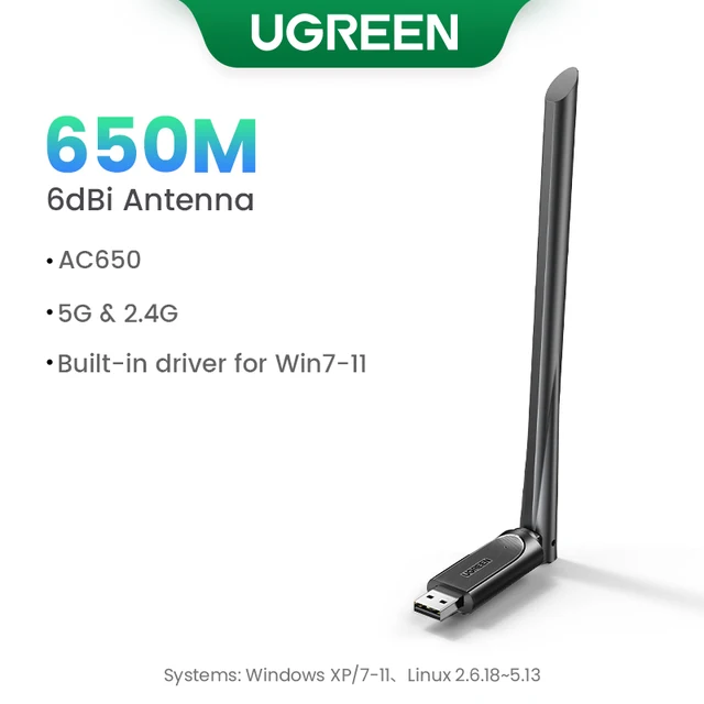 Wi-Fi Адаптер UGREEN AC650/AC1300, 2,4 ГГц, Wi-Fi, USB Ethernet.
